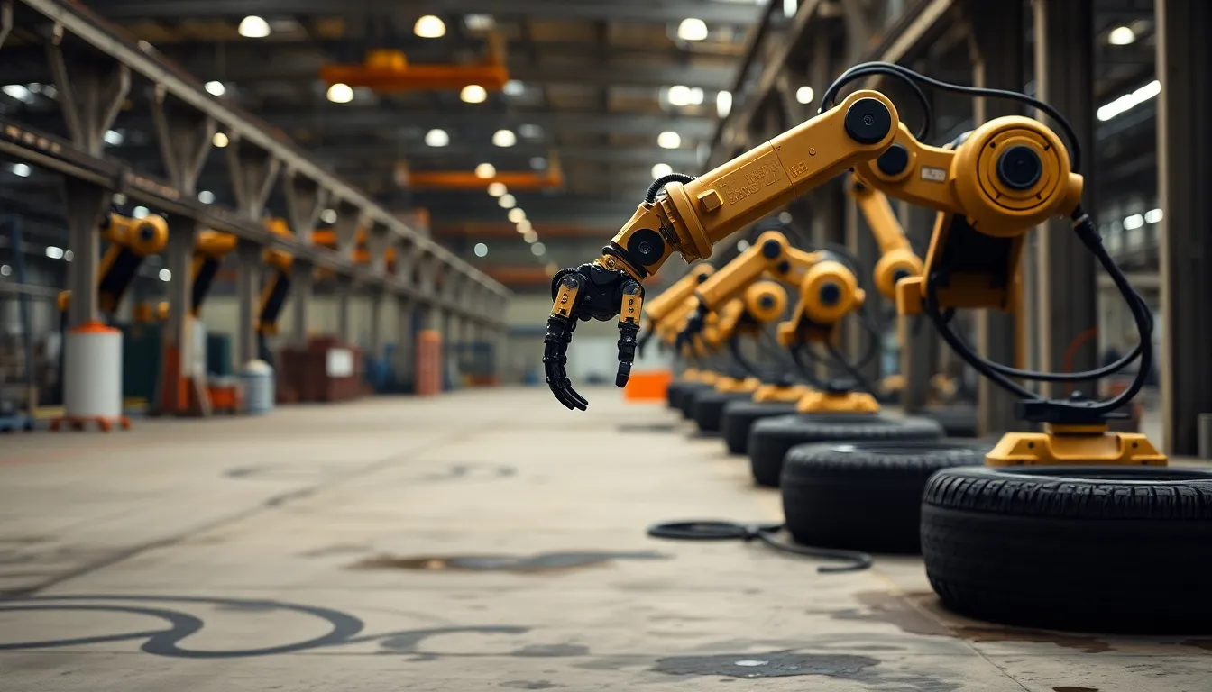 This dynamic scene portrays multiple industrial robots working collaboratively in a factory, bathed in diffused daylight. The teal and orange color grading adds a cinematic touch, enhancing the mechanical textures of the robots against the smooth concrete backdrop. Composed using the rule of thirds, the image invites the viewer’s eye to explore the intricate details of machinery and robotics in action, showcasing modern manufacturing at its finest.
