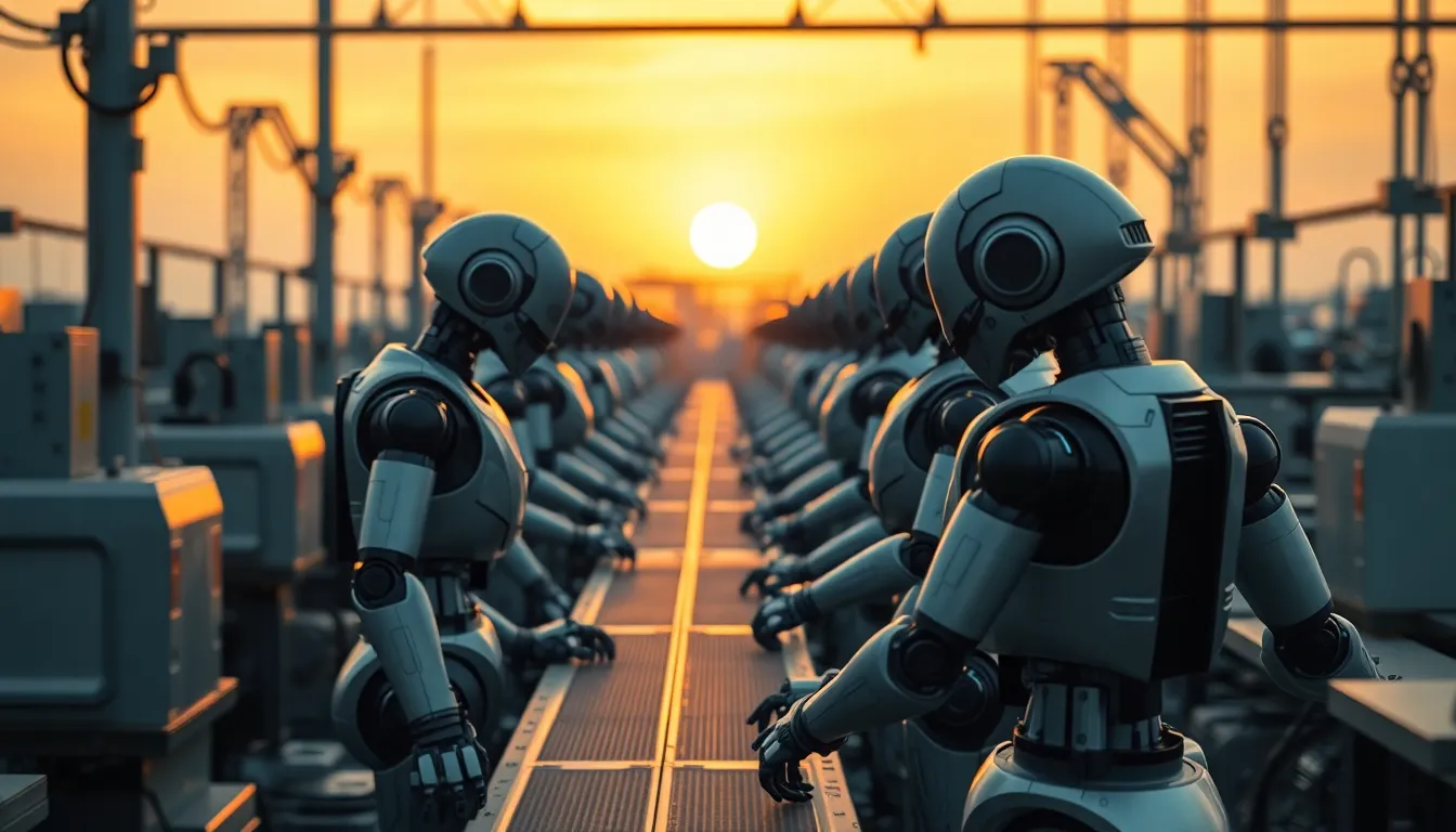 A panoramic view of an assembly line filled with robots, silhouetted against a vibrant sunset. The overcast lighting ensures even exposure while warm hues reflect off the steel machinery. With an emphasis on symmetry and balance, the composition draws the eye along the assembly line. This image captures the fusion of technology and nature, symbolizing the harmony in modern industrial environments.