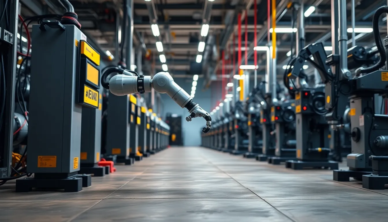 This photorealistic image captures a dynamic robots factory floor, where a robotic arm is diligently assembling parts amid a backdrop of industrial machinery. Harsh fluorescent lighting casts vivid shadows, emphasizing the stark steel and plastic textures. The scene's color palette is dominated by grays, whites, and vibrant orange safety labels, creating a sense of high-tech urgency. The depth of field blurs the background, drawing focus to the intricate details of the robotic arm.