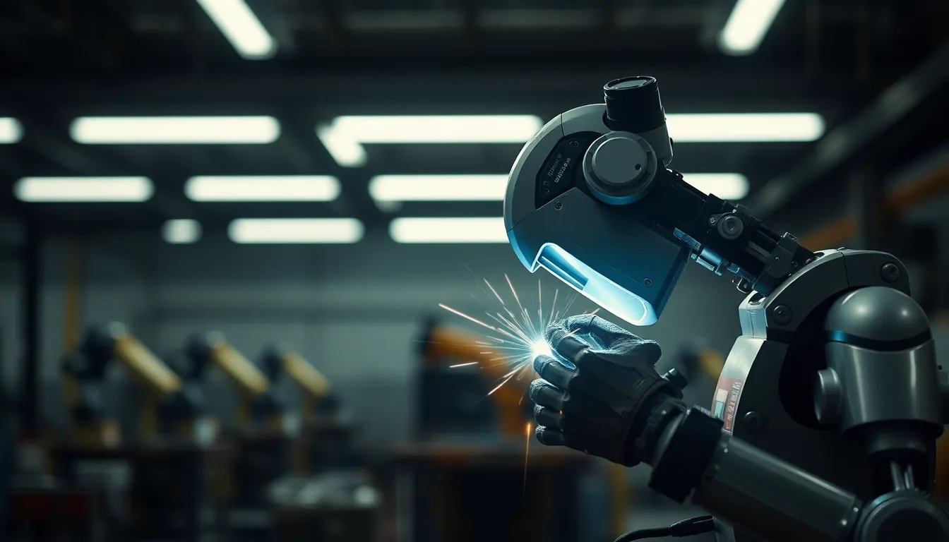A dynamic scene depicting an industrial robot engaged in welding operations in a factory setting. The lighting casts harsh shadows, emphasizing the detailed texture of the metallic surfaces. The composition captures the robot's precise movements framed against the blurred background of other machines. The color palette leans toward muted tones, enhancing the serious industrial atmosphere.