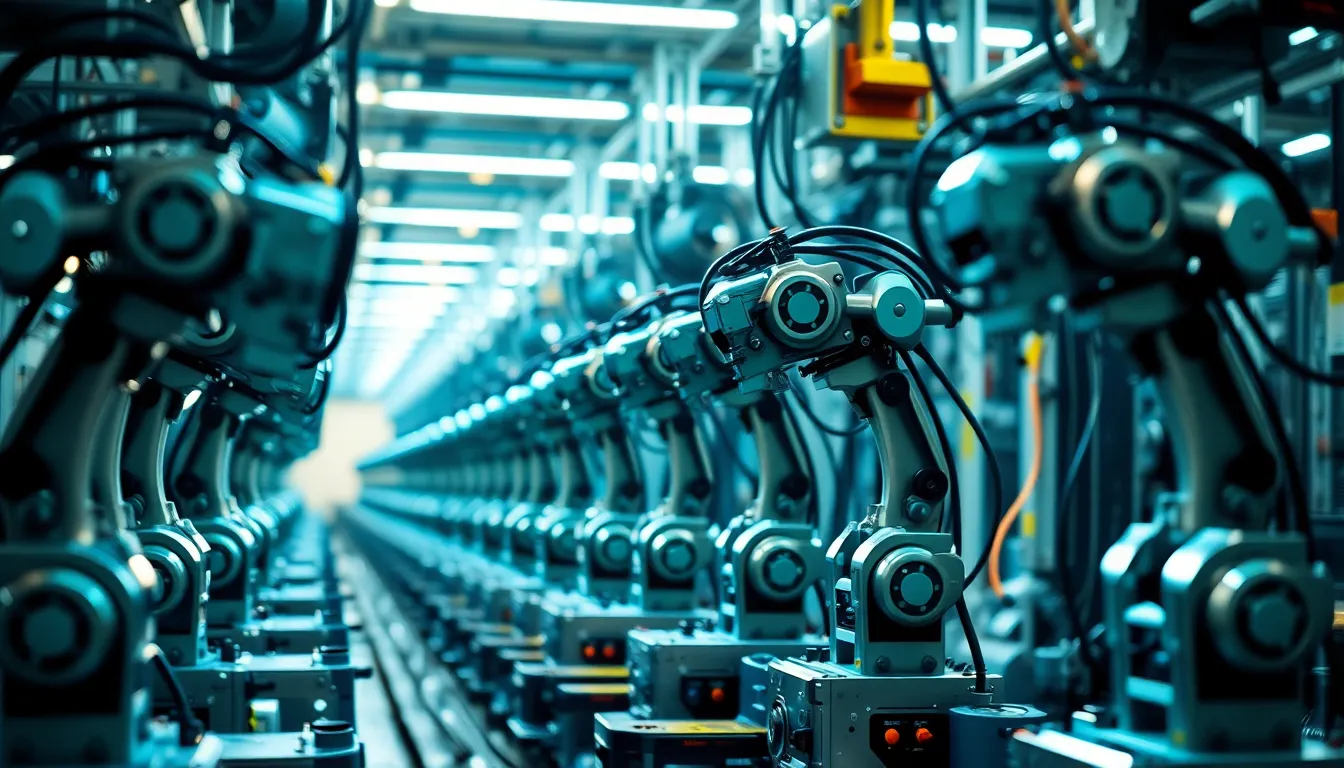 This captivating image captures several robots working seamlessly along an assembly line in a modern industrial setting. The vibrant colors and polished surfaces create an inviting and tech-savvy atmosphere, enhanced by the bright ambient lighting. Each robot is sharply defined in this hyperfocal shot, illustrating the precision and efficiency of automated manufacturing. The symmetrical composition emphasizes the harmony of technology at work, making it an ideal representation of contemporary industry.