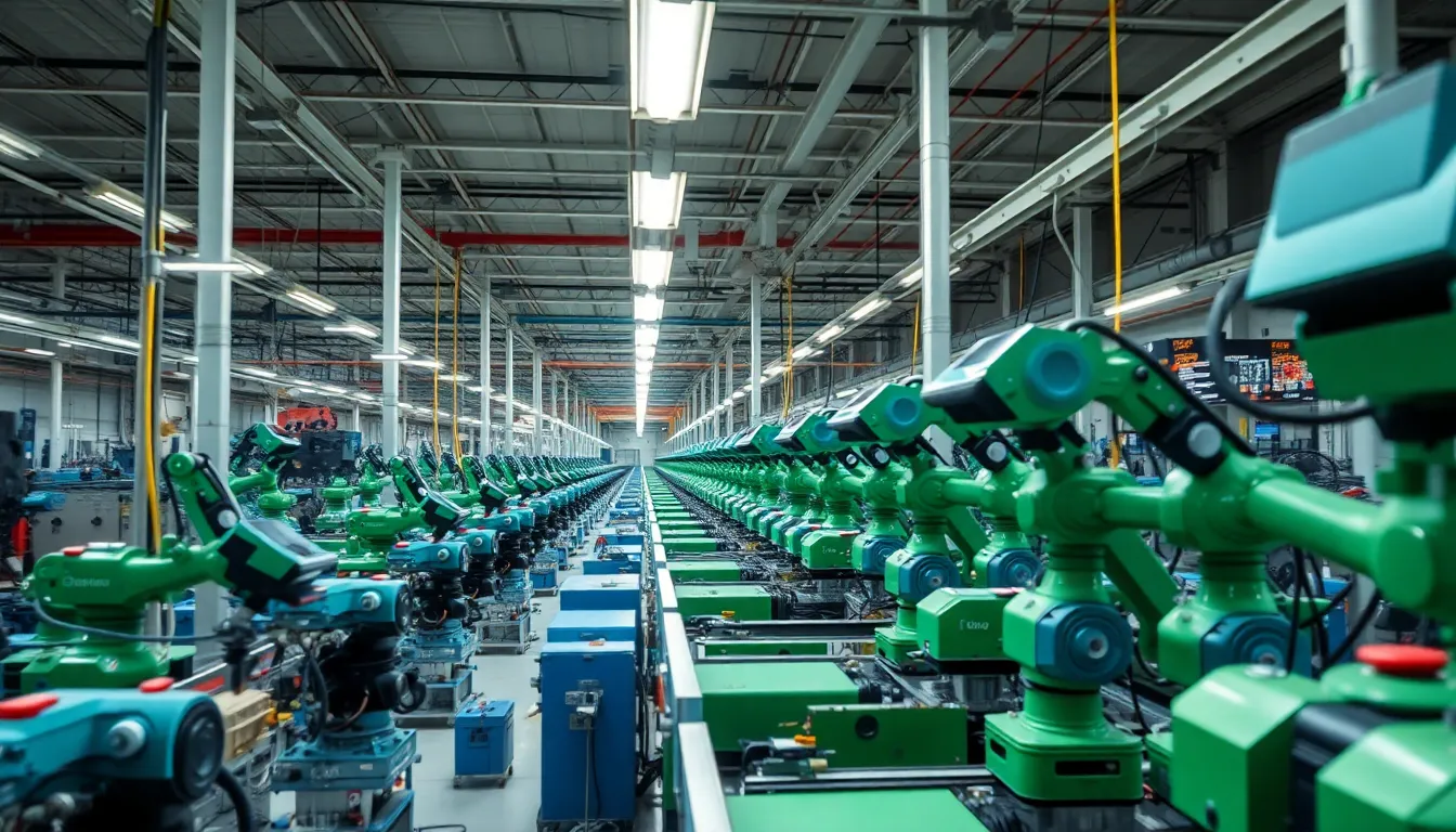 Busy Assembly Line with Robots in Operation This vibrant image presents a busy assembly line where multiple robots are in operation, highlighting the scale and efficiency of modern manufacturing. Bright fluorescent lights illuminate the scene, enhancing the sharp details and vibrant colors of the machinery. The hyperfocal focus captures the entire length of the assembly line, drawing viewers into the dynamic activity occurring. The composition's leading lines invite exploration of the industrial environment, showcasing technology in action.