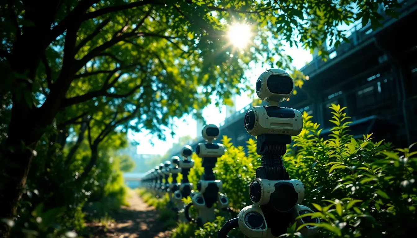 This vibrant scene showcases robots diligently working amidst a backdrop of lush greenery in an outdoor industrial setting. The dappled sunlight creates beautiful bokeh highlights, enhancing the image's atmosphere. Captured with rich, saturated colors reminiscent of Fujifilm Velvia, the robots seamlessly blend technology with nature, illustrating a progressive future where industry and environment coexist harmoniously. The hyperfocal distance ensures all details are crystal clear, from the robots to the surrounding flora.