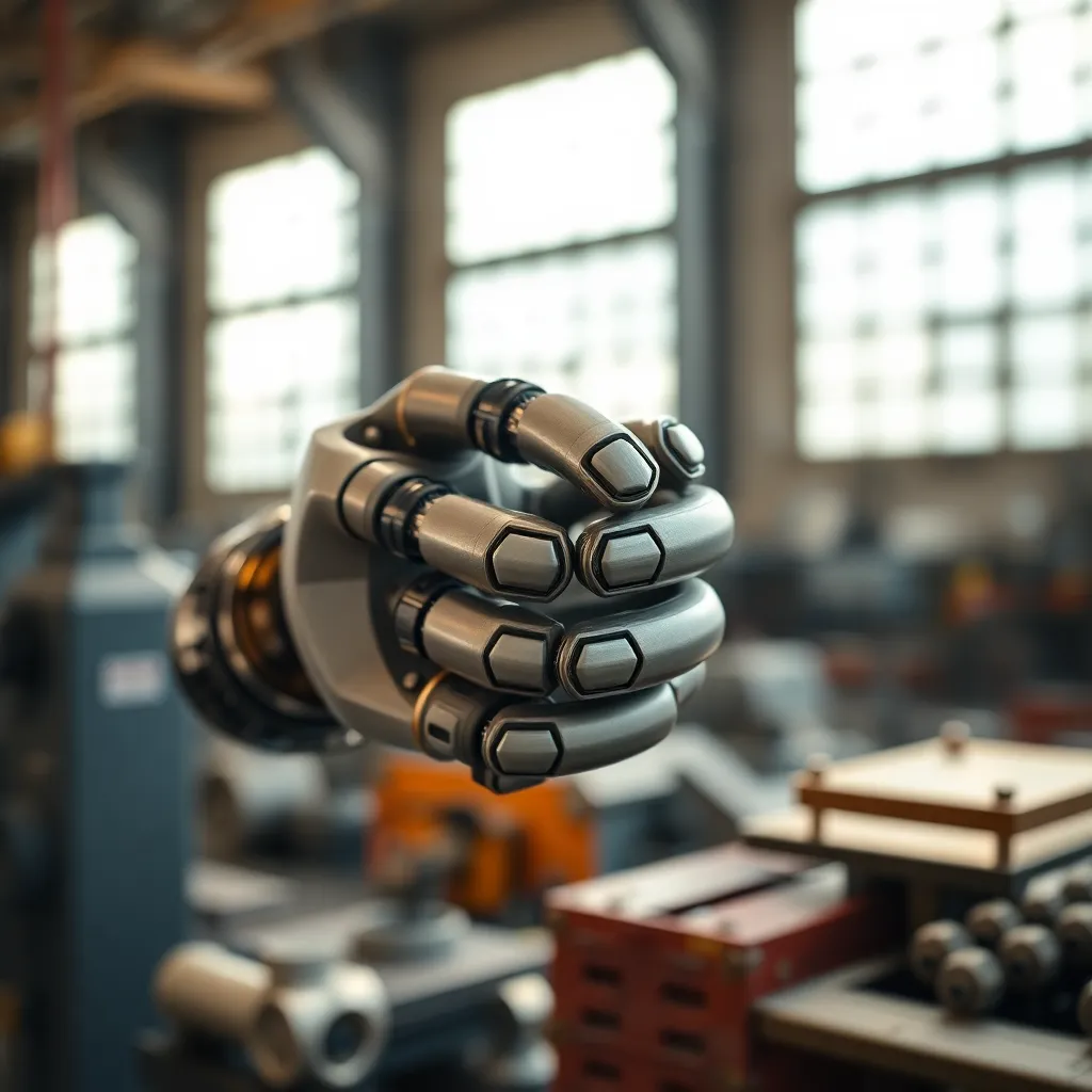 This close-up image captures a robotic hand expertly gripping a precision tool, illustrating the finesse of robotic technology in industrial applications. The warm hues from natural light enhance the metallic textures and create a sense of reliability. The soft background bokeh pulls focus to the hand, showcasing the intricate details of the robotic components, and evokes a sense of advanced engineering.