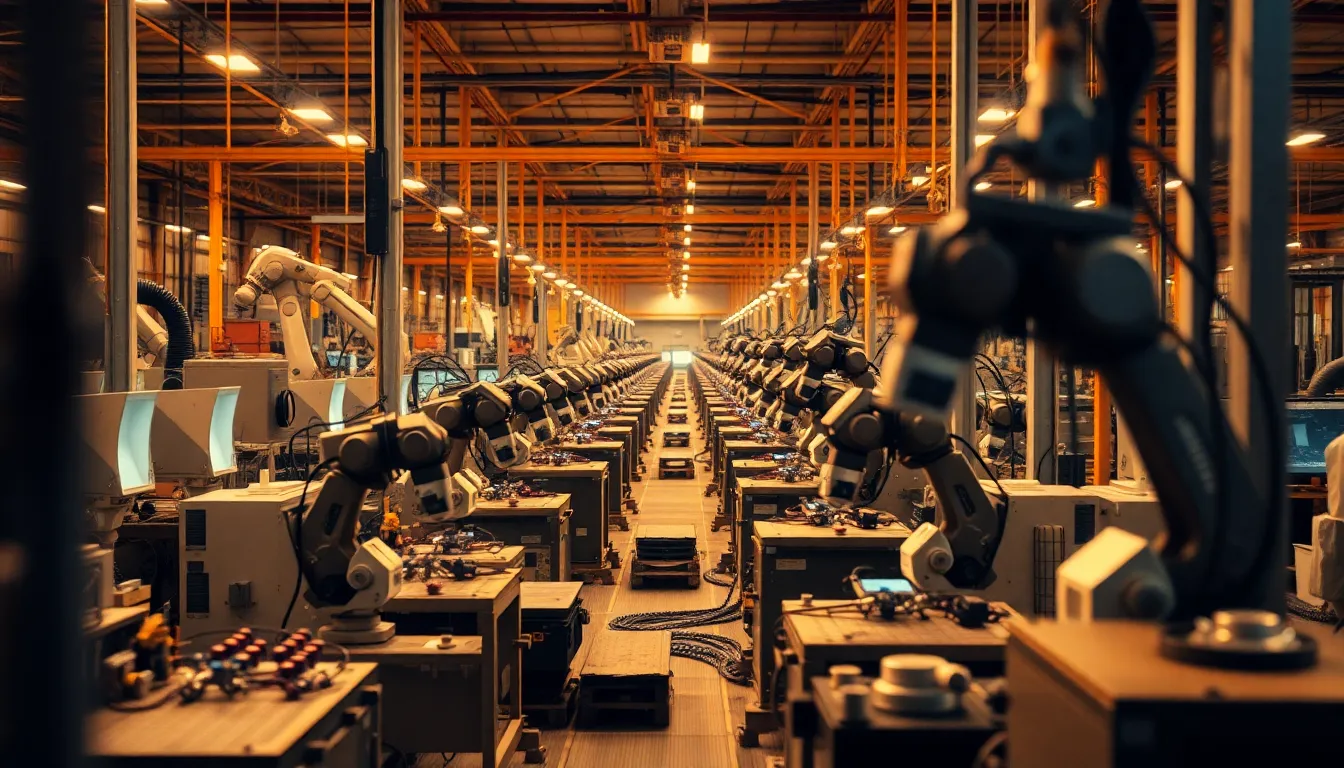 This image presents a bustling factory assembly line actively engaged in the production process, all under the warm glow of tungsten lights. The macro perspective ensures clarity throughout, capturing the intricate workings of robots as they efficiently assemble products. Warm rich tones dominate the color palette, enhancing the industrial atmosphere, while the composition cleverly frames the foreground with machinery that leads the viewer's gaze toward the action in the background, creating a sense of depth and movement.
