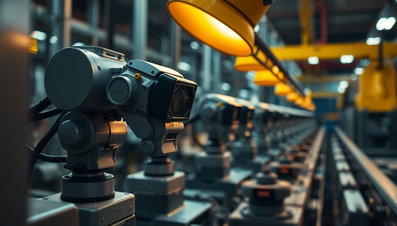 Close-Up of Robotic Sensors on Assembly Line This close-up image reveals the intricate details of robotic sensors on an assembly line, beautifully illuminated by a warm tungsten lamp. The shallow depth of field emphasizes the textured surfaces, showcasing the sophisticated technology involved. The muted color palette complements the industrial theme, while the composition frames the sensors, drawing viewers into the mechanics of automation and assembly.