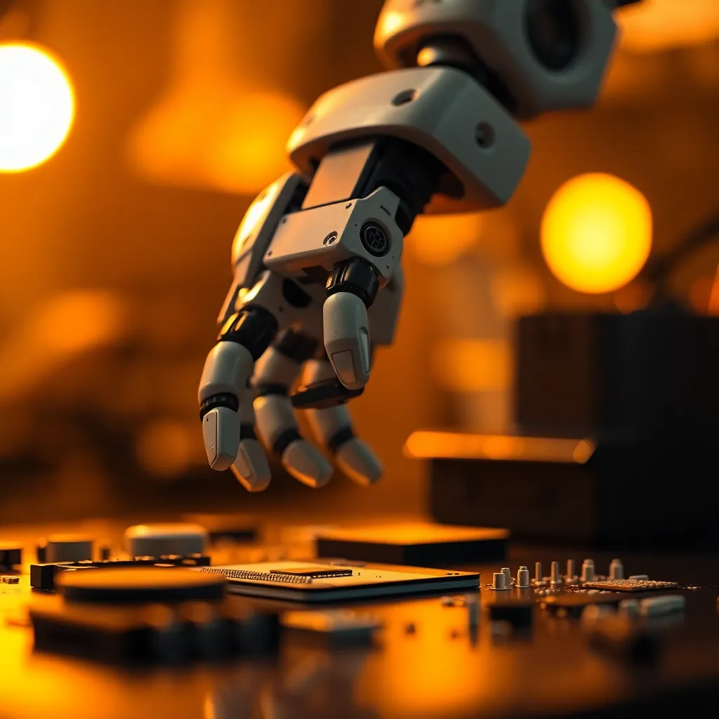 An intimate close-up of a robotic hand skillfully placing a component with precision. Illuminated by warm tungsten lighting, the scene reveals the detailed textures of the robotic fingers contrasted against the metallic components. The shallow depth of field enhances the focus on the interaction, creating an inviting and detailed atmosphere. This image reflects the delicate balance of technology and craftsmanship in modern manufacturing processes.