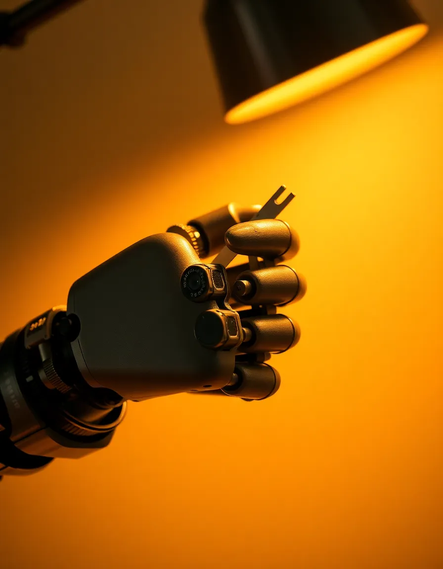 An up-close exploration of a robotic hand gripping a precision tool highlights the engineering marvel of automation. The warm tungsten light reveals intricate mechanical details and smooth metal textures, creating a stark contrast against the soft background. The careful focus draws attention to the hand's craftsmanship, showcasing the delicate balance of technology and artistry in the industrial sector.