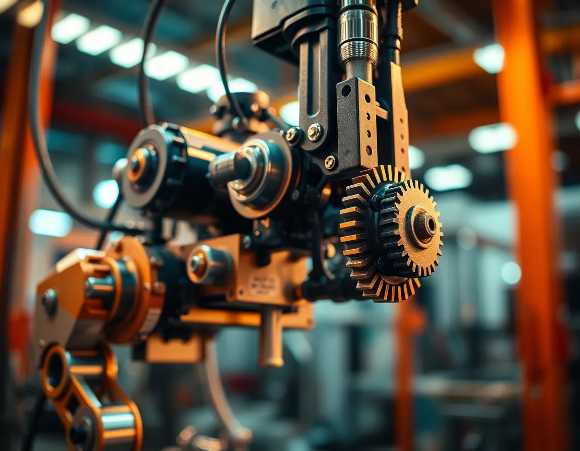 An intricate macro view of robotic components, highlighted by warm LED lighting that enhances the details of gears and surfaces. The selective focus brings clarity to the mechanics while the background dissolves into an artistic blur. The composition follows the rule of thirds, drawing attention to the complexity of the assembly. Color grading adds a dramatic touch, evoking a high-tech industrial ambiance.