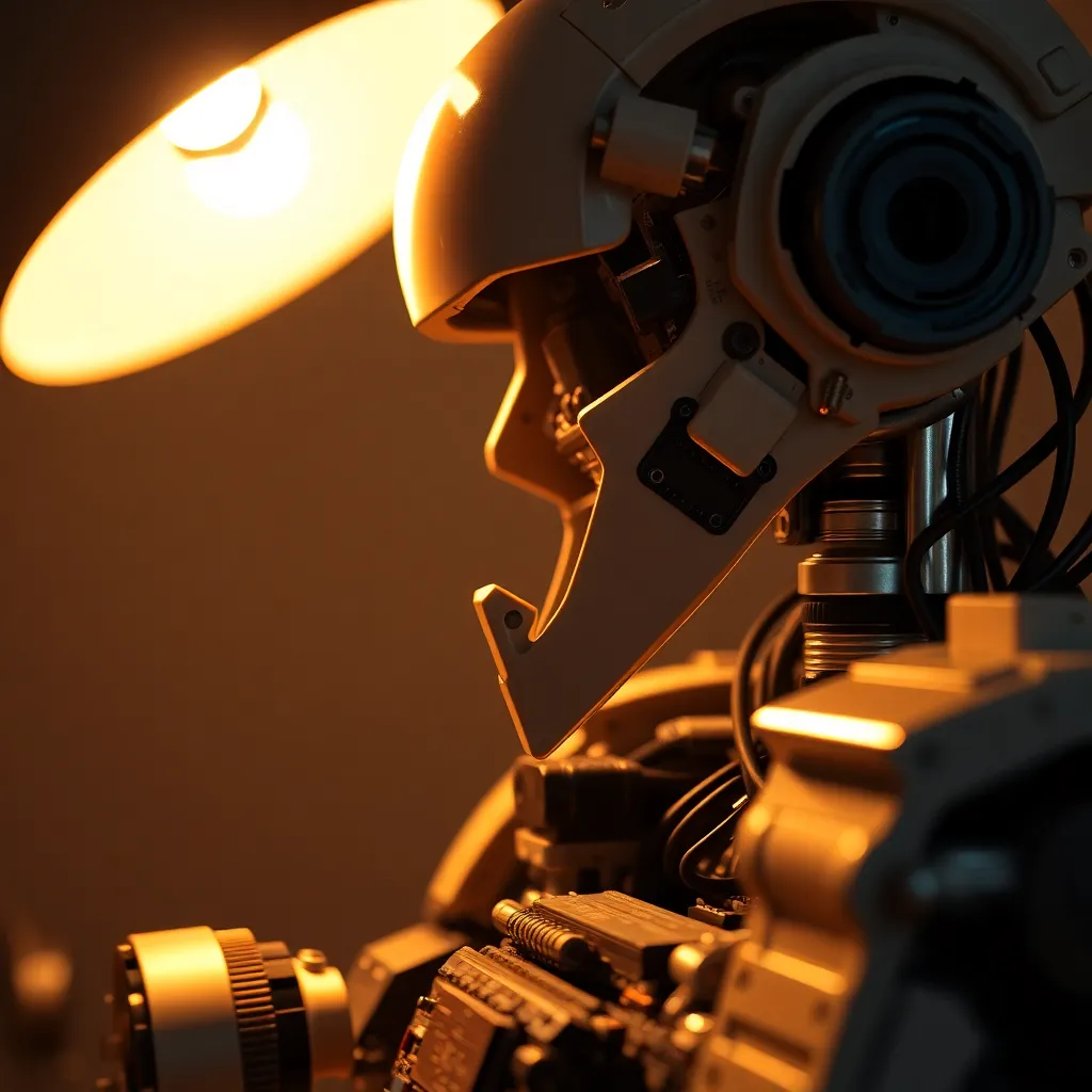This close-up shot reveals the extraordinary detail of circuitry within an industrial robot, illuminated by a warm tungsten lamp. The selective focus technique beautifully highlights the delicate textures of silicon and metal, creating an intimate look at the technology that drives automation. With leading lines guiding the viewer's gaze, the image captures both the beauty and complexity of modern robotic design.