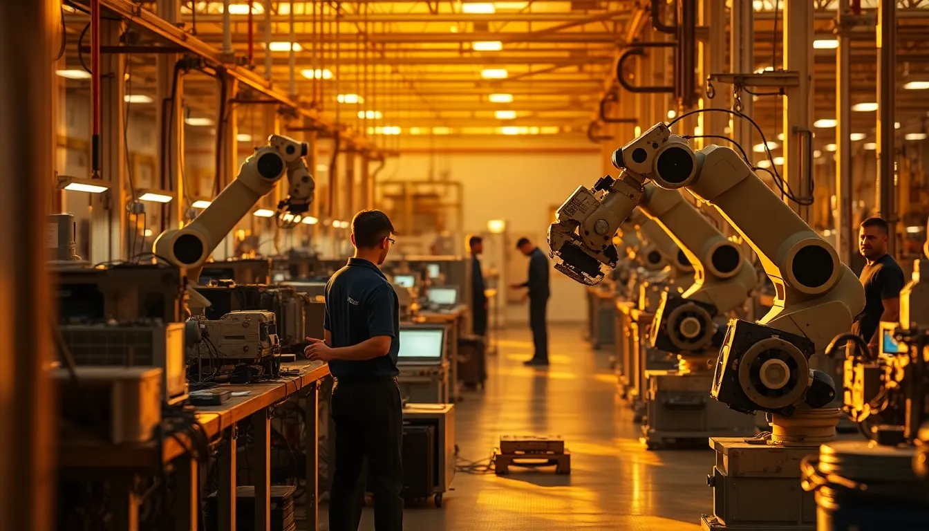 This heartwarming image captures the collaboration between human workers and robots in a modern assembly workspace during golden hour. The warm light envelops the scene, enhancing the teamwork and synergy present in this industrial setting. Soft shadows create depth, and the focus emphasizes the dynamic interaction, while the overall color scheme radiates positivity and innovation. Leading lines draw the viewer’s eye toward the collaborative activity, providing a sense of harmony.