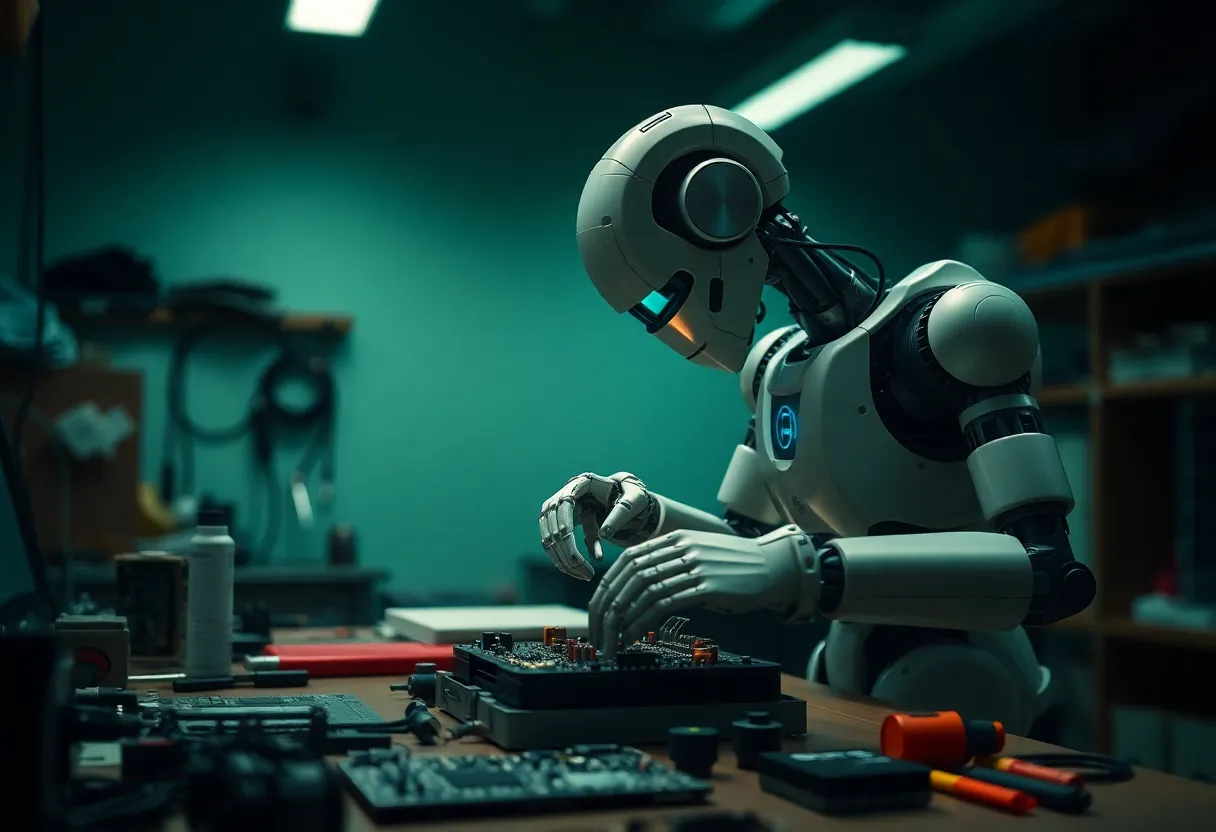 In a softly lit workspace, a robot meticulously assembles a circuit board, embodying the precision of modern technology. The dim lighting creates a moody atmosphere, while muted tones enhance the focus on the intricate task at hand. The depth of field elegantly blurs the surroundings, drawing attention to the robot's deft movements. Textured tools and components enrich the scene, showcasing the reality of industrial robotics.