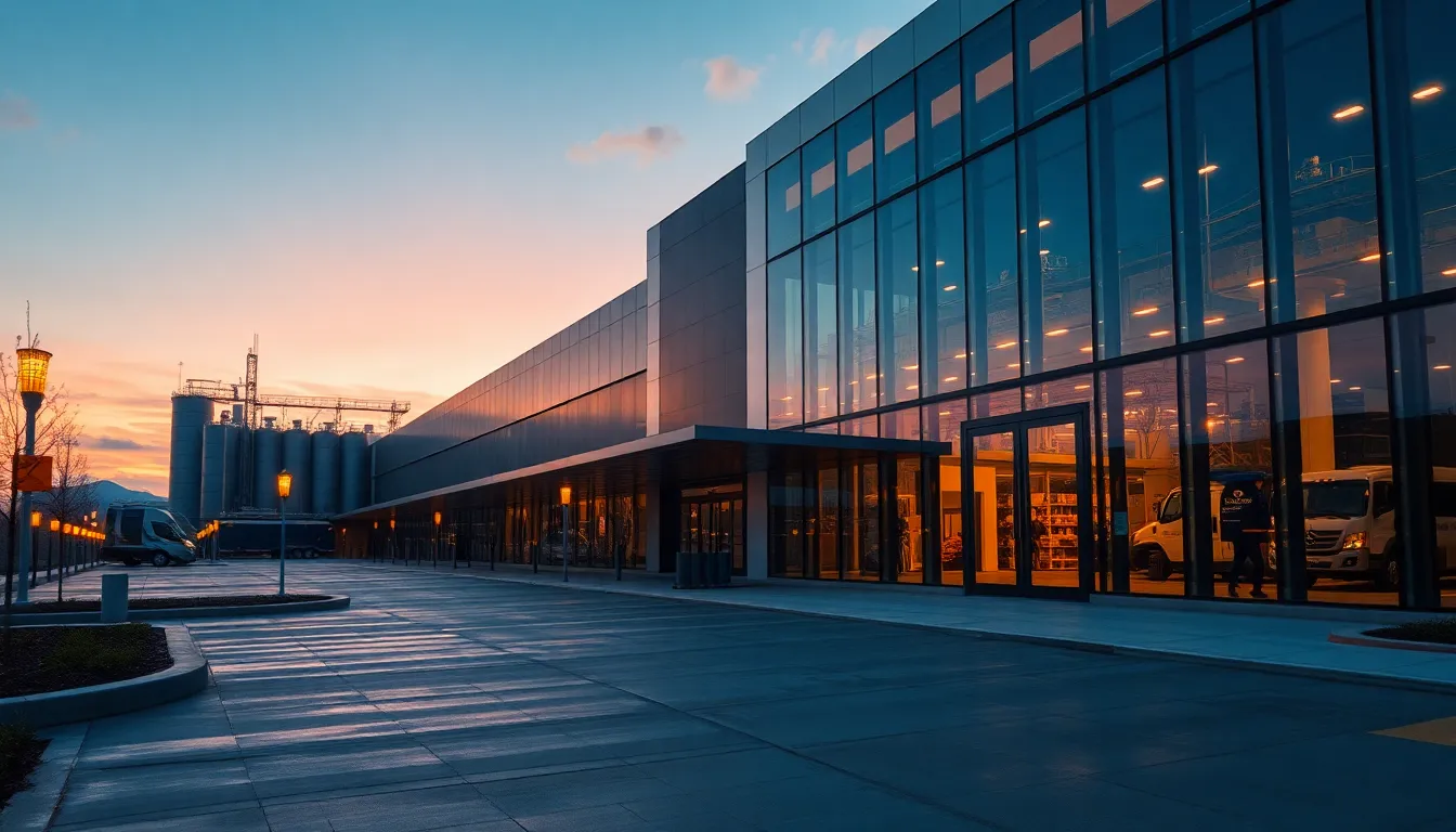 This stunning image portrays a futuristic robots factory exterior at dusk, where glowing lights illuminate sleek glass surfaces. Capturing the beautiful transition from day to night, warm ambers contrast with rich blues of the twilight sky. The scene's sharp details extend from foreground to background, showcasing the modern architectural design of the factory in all its glory. A centered symmetrical composition enhances the visual impact of the vibrant surroundings, making this an engaging representation of industrial innovation.