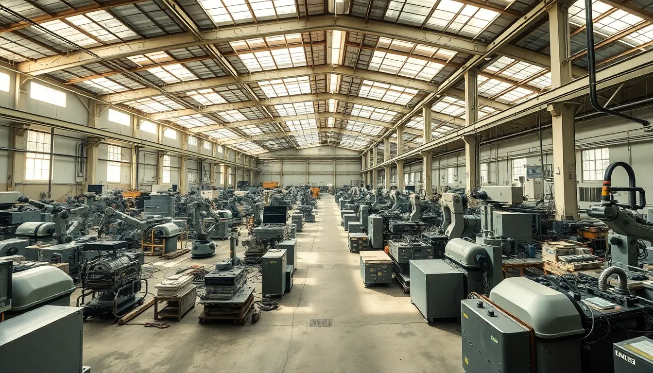 Panoramic View of a Robotic Factory This expansive image captures a vibrant robotic factory, bustling with activity and illuminated by dappled sunlight streaming through skylights. The hyperfocal focus delivers clarity across the entire scene, allowing the viewer to appreciate the intricate interplay of technology and labor. The muted color palette enhances the industrial setting, while the wide landscape composition reveals the scale of operations within the factory.