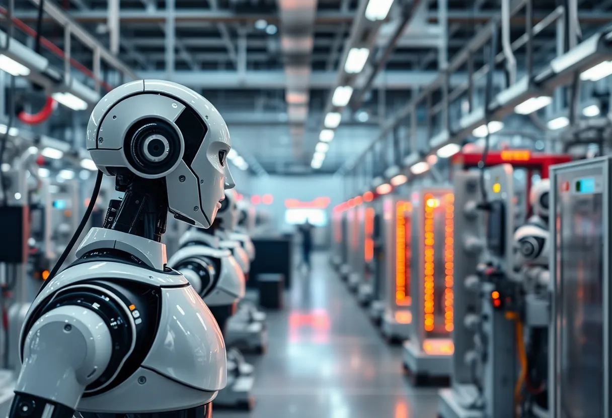This image depicts the interior of a cutting-edge smart factory bustling with interconnected robots and machines. Soft ambient lighting creates a futuristic atmosphere, while the subtle neon accents add vibrancy. The symmetrical layout of the machines emphasizes organization and efficiency, presenting a glimpse into the future of manufacturing technology. The selective focus highlights a robot, showcasing its intricate design amidst the dynamic backdrop.