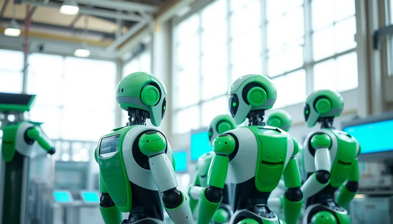 In a modern factory, robots engage with high-tech screen displays, showcasing communication and collaboration. Soft natural daylight floods the space, creating a bright and inviting atmosphere. The shallow depth of field blurs the surroundings, emphasizing the vibrant interaction between the robots and technology. This image captures the essence of modern industrial innovation, highlighting the synergy between machinery and information technology.