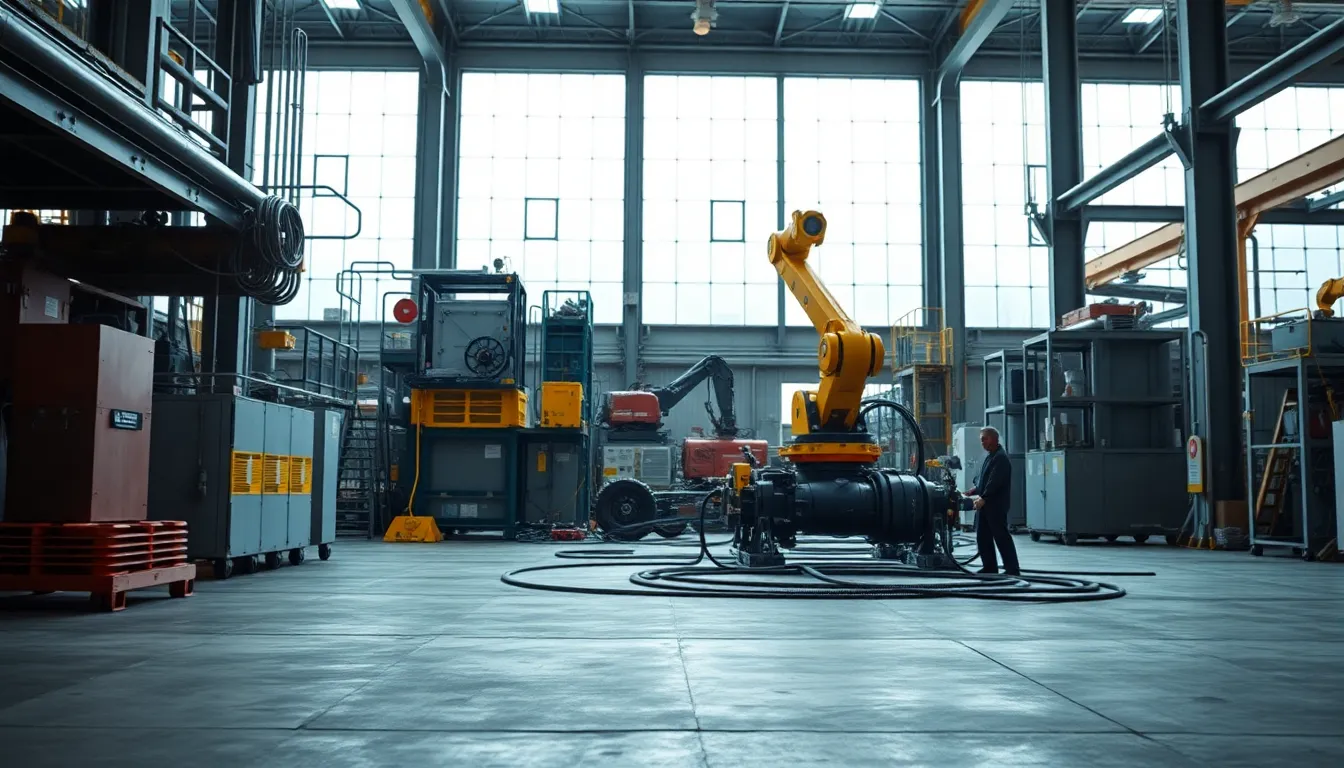 An expansive view of a robotic assembly line in a bright, spacious factory illuminated by natural daylight. The leading lines of the factory architecture draw the viewer's eye toward the advanced robotics at work. The saturated colors bring the industrial environment to life, while the sharp details capture the complexity of the machinery. The concrete floor reflects the ambient light, adding depth to the composition.