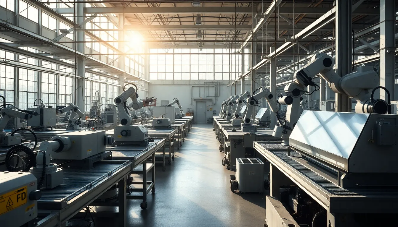 This expansive panoramic image showcases a busy robotics factory floor filled with advanced machinery and robots. Natural daylight streams in through large windows, creating a bright and inviting environment. The scene is captured with everything in sharp focus, revealing a detailed view of the industrial palette. Leading lines of the conveyor belts and robotic arms guide the viewer's gaze through the dynamic composition, reflecting the bustling nature of this high-tech setting.