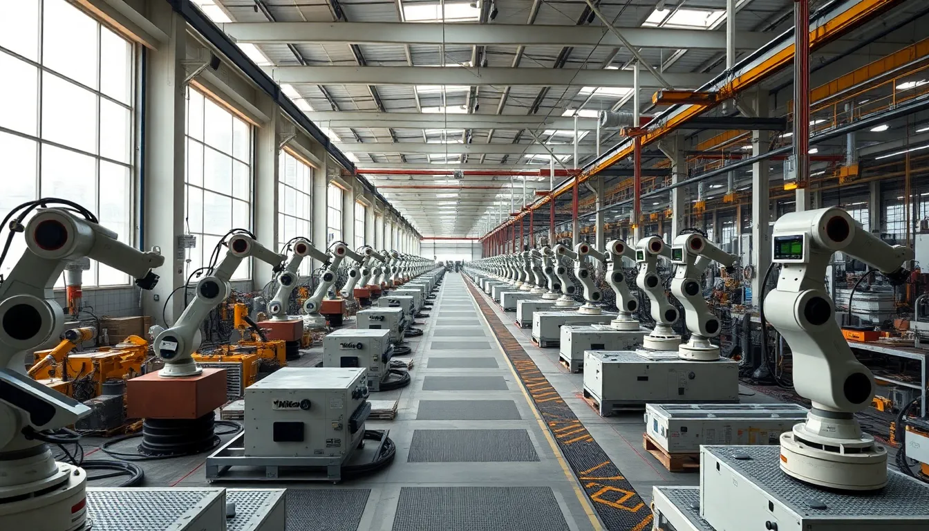 An expansive view of a robotics factory reveals the complexity of automated manufacturing. The overcast lighting ensures every detail is visible, showcasing the synergy between robots and machinery. The tranquil color tones reflect a clean industrial aesthetic, while leading lines create a journey through the factory's vast space. Different textures merge together, illustrating the fine details of modern technology.