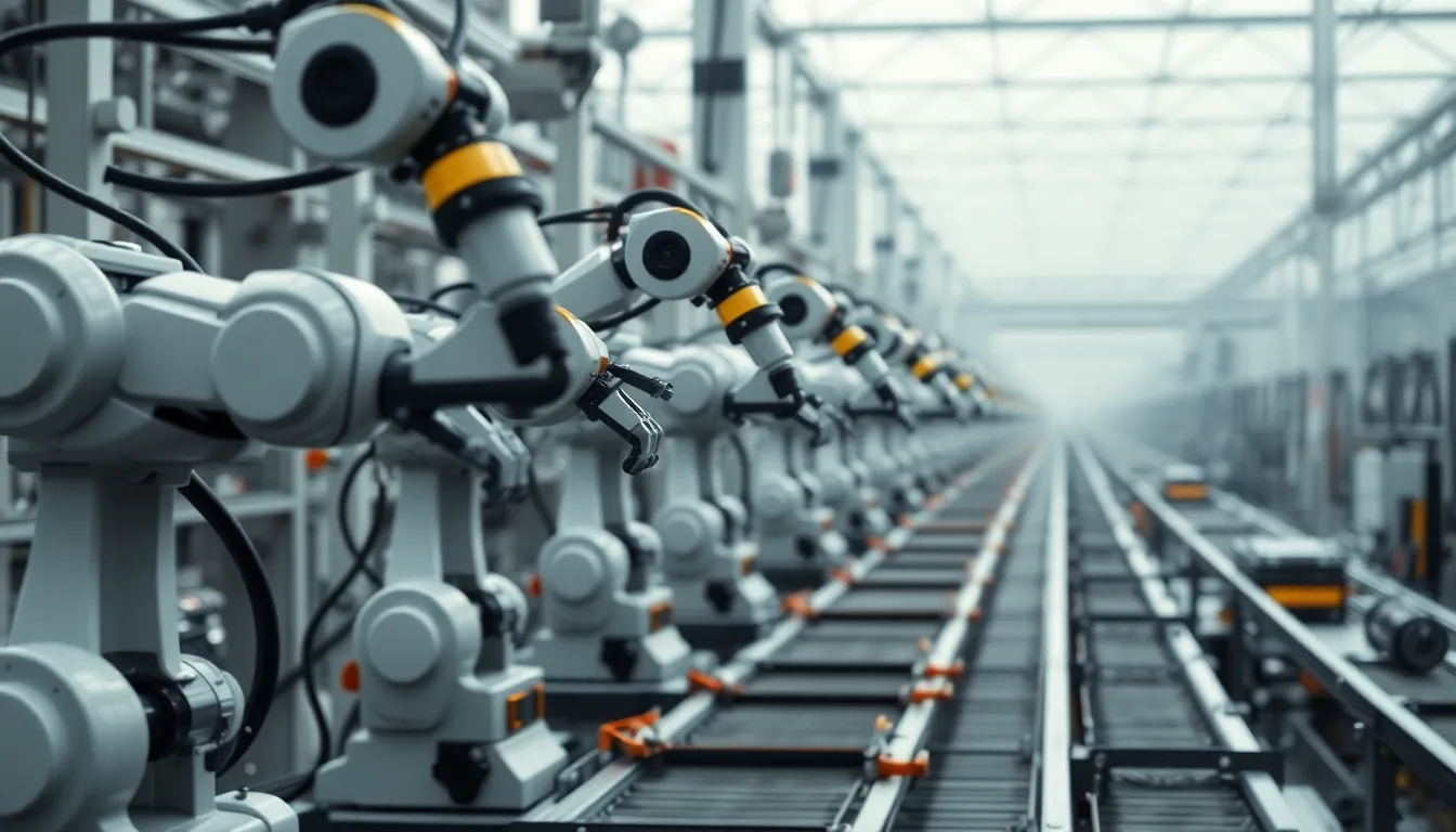 This panoramic image offers a breathtaking view of a robots factory, where multiple robotic arms work in harmony along an assembly line. The soft, even lighting akin to an overcast day enhances the clean and modern industrial look. Cool grays and whites dominate the color scheme, punctuated by vibrant machinery colors, creating a lively atmosphere. The composition's leading lines guide the viewer’s eye through the scene, showcasing the intricate textures of polished metal and vibrant surfaces.