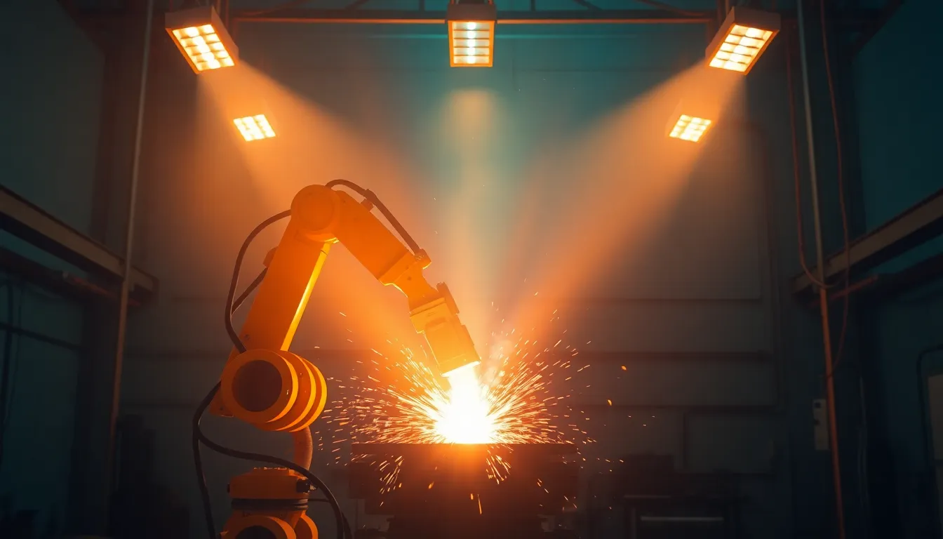 Robotic Welding Station in Action In this dynamic image, a robotic welding station is lit dramatically by overhead spotlights, creating a stark contrast between light and shadow. The cinematic teal and orange grading enhances the industrial atmosphere, while the sharp focus captures the intricate movements of the robotic arm. Cables create leading lines that guide the viewer's gaze towards the action, highlighting the precision and technology involved in modern manufacturing.