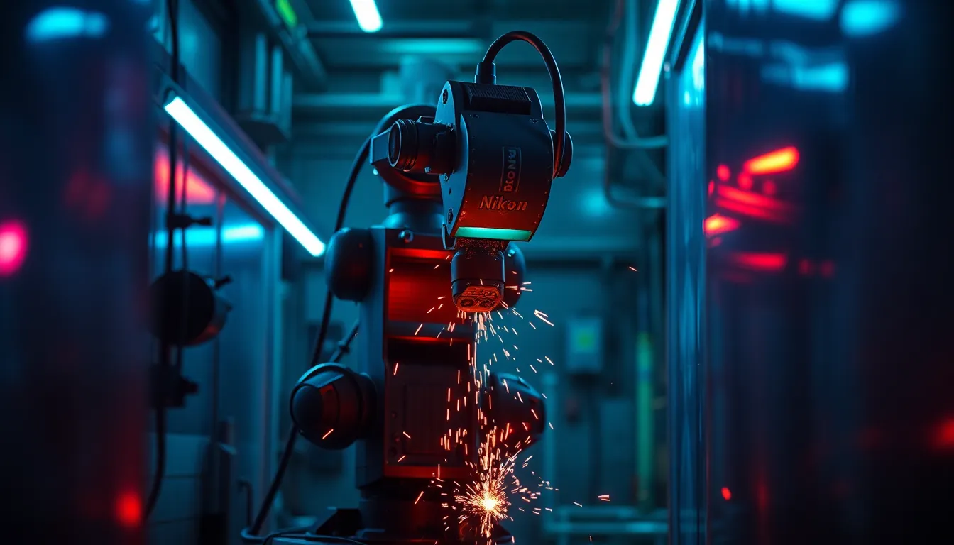 This dramatic image features a robotic welding machine in action, surrounded by a vibrant neon-lit atmosphere. Sparks fly from the welding joint, creating an electrifying visual that captures the essence of modern industry. The color palette enhances the futuristic vibe, while the composition draws the viewer's eye to the center of the action. The sleek metallic surfaces are rendered with sharp detail, showcasing the advanced technology and processes involved.
