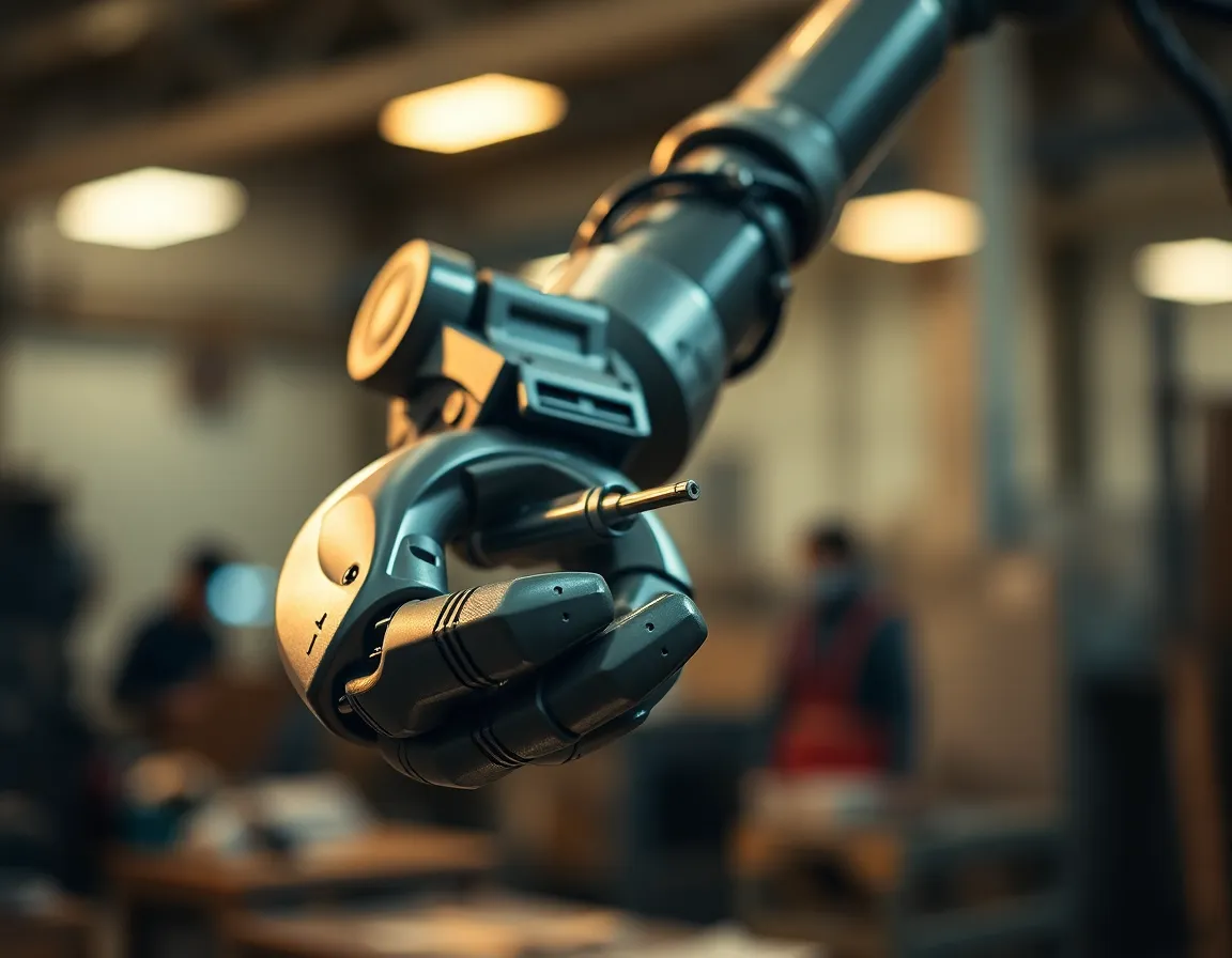 This striking close-up image showcases a robotic arm meticulously gripping a precision tool in a well-equipped workshop. Illuminated by warm overhead lights, the robotic components reflect elegantly, highlighting their intricate details. The selective focus draws attention to the arm while the soft bokeh of the background creates an immersive depth. Natural muted tones enhance the industrial atmosphere, making the technology both impressive and accessible.