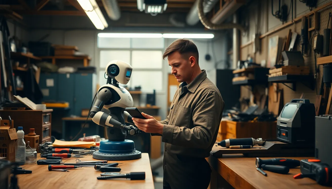 In this intimate scene, a technician is programming a robot in a warmly lit workspace filled with tools and machinery. The selective focus highlights the technician's concentration amidst the clutter, while the warm tungsten lighting enhances the inviting atmosphere. The leading lines draw the eye toward the subject, immersing viewers in the industrious environment. This image effectively portrays the human element in robotics, showcasing a harmonious blend of technology and craftsmanship.