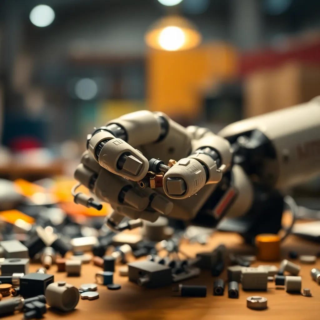 This close-up image showcases a robotic hand delicately gripping small components in a factory setting. Illuminated by a mix of diffused daylight and studio lighting, every intricate detail is brought to life as the shallow depth of field blurs the background. The muted colors emphasize the industrial feel, while the textures of metal and plastic are vividly captured. The focused composition invites viewers to explore the precision and care involved in robotic assembly.