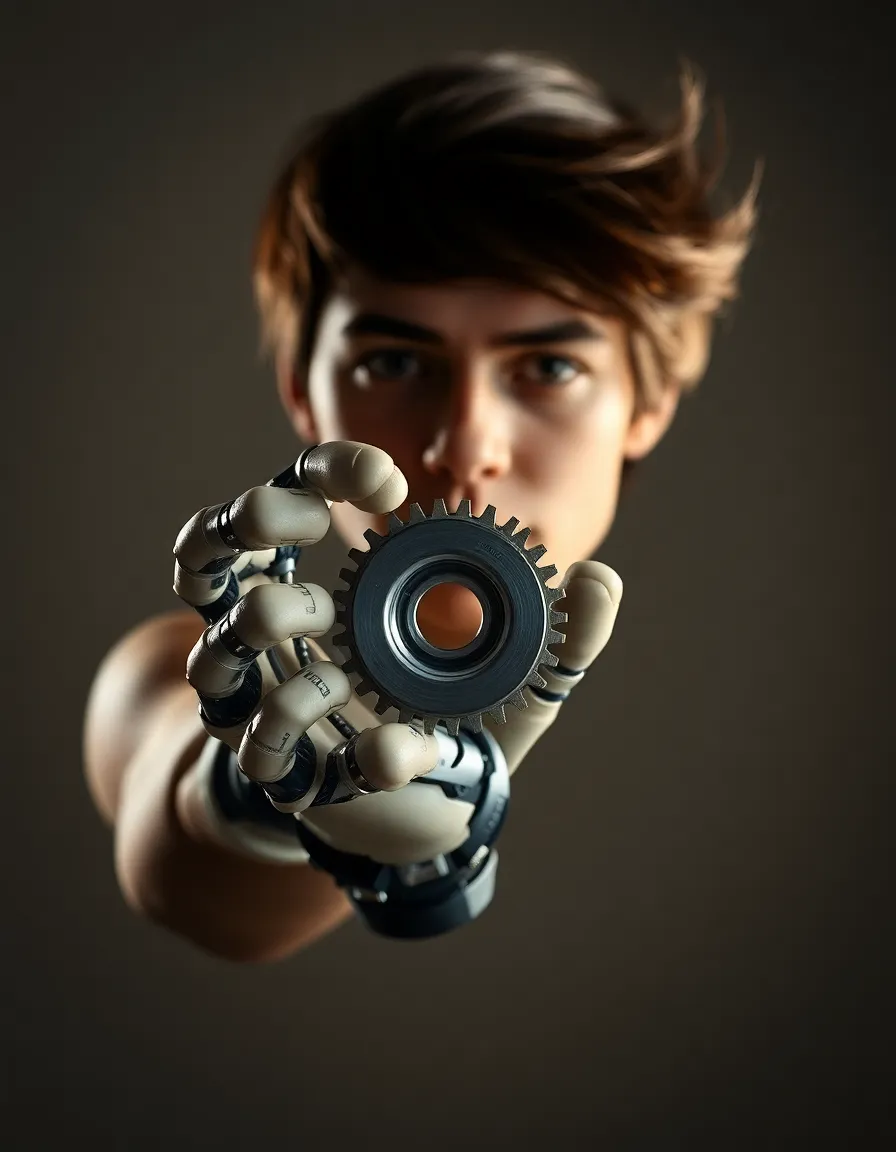 In this striking studio portrait, a robotic hand delicately holds a metallic gear, captured using Rembrandt lighting to accentuate its features. The shallow depth of field creates a soft bokeh effect, drawing the viewer’s focus on the robotic hand and gear, while the muted color palette evokes a sense of sophistication. The centered composition highlights the intricate design of the robot, creating a powerful representation of technology and craftsmanship.