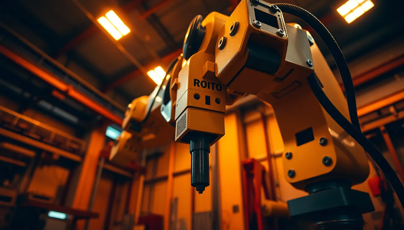 A captivating image showcasing a large robotic arm performing precision drilling tasks within a factory. The warm overhead lighting highlights the machinery's contours, creating an industrial ambiance. The dynamic Dutch angle composition adds excitement, while the warm steel gray tones emphasize the robotic design. This photograph exemplifies the advanced capabilities of modern robotics in manufacturing settings.