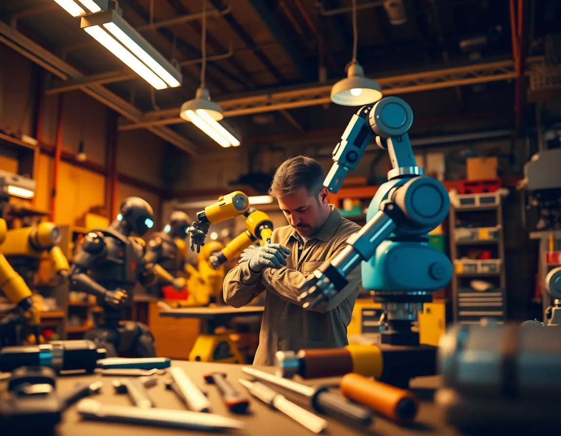 Technician Working with Robots in Workshop