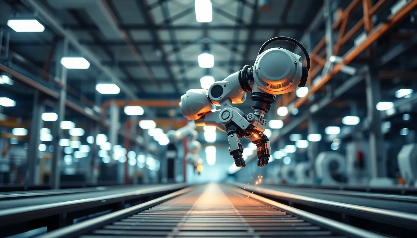 In a bustling robot factory, a robotic arm meticulously assembles components under bright fluorescent lights. The scene captures a blend of modern technology and industrial efficiency, showcasing cool metallic colors against the backdrop of machinery. With a soft focus in the background, the viewer's attention is drawn to the arm's intricate movements. This image encapsulates the future of manufacturing, emphasizing precision and innovation.