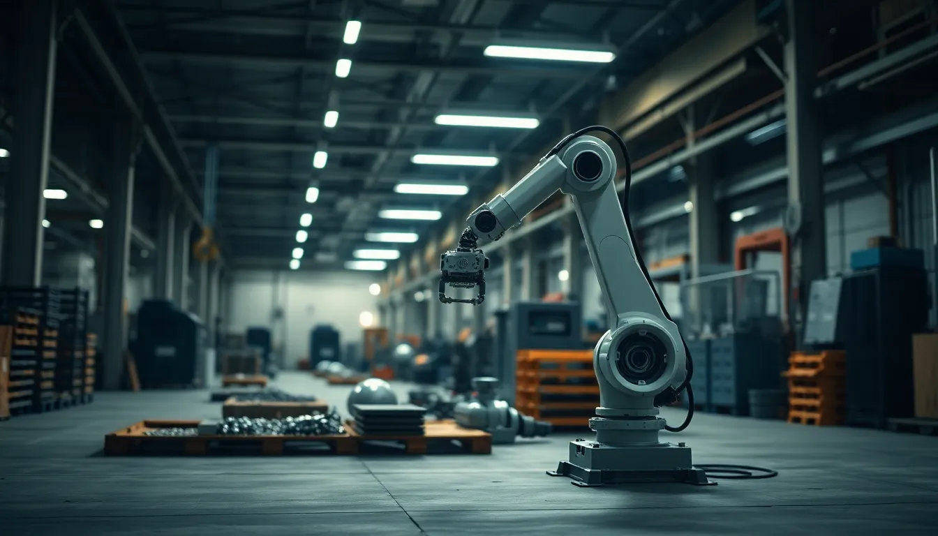 In this dynamic industrial scene, a robotic arm is shown diligently assembling intricate components on a factory floor. The overhead fluorescent lights create a stark contrast, emphasizing the robot's sleek design against the textured concrete backdrop. The composition focuses on the arm in a shallow depth of field, highlighting the precision of modern manufacturing. The muted tones reflect the factory's hard-working atmosphere, perfect for conveying the blend of technology and heavy industry.