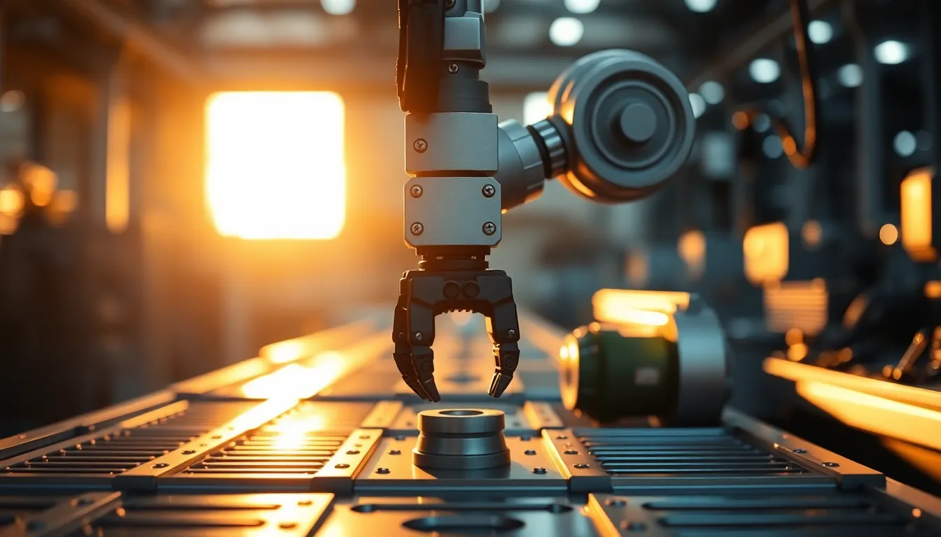 This image captures a robotic arm working diligently on an assembly line during golden hour, where warm light bathes the scene. The robot's brushed steel exterior contrasts beautifully with the softly blurred background, emphasizing the precision of industrial automation. The shallow depth of field draws attention to the arm's intricate mechanics, surrounded by a calm, muted color palette that evokes a sense of focus and efficiency.
