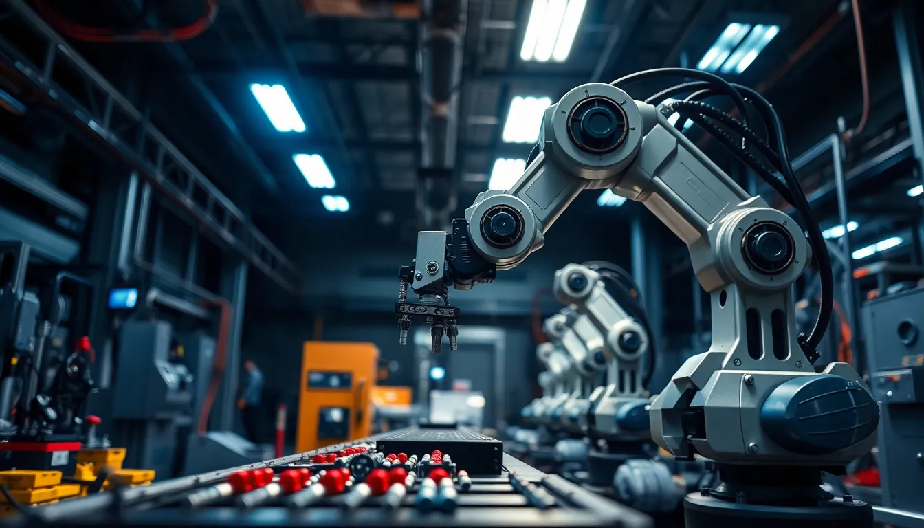 This image captures the precision of robotic arms working in an industrial factory. Soft overhead LED lights illuminate the scene, showcasing the cool blue and grey tones of the machinery. The focus is on the robotic arms, creating a dynamic composition that highlights their intricate details against a blurred, industrial backdrop. The modern, sleek textures of the robots contrast with the utilitarian factory environment, evoking a sense of advanced technology at work.