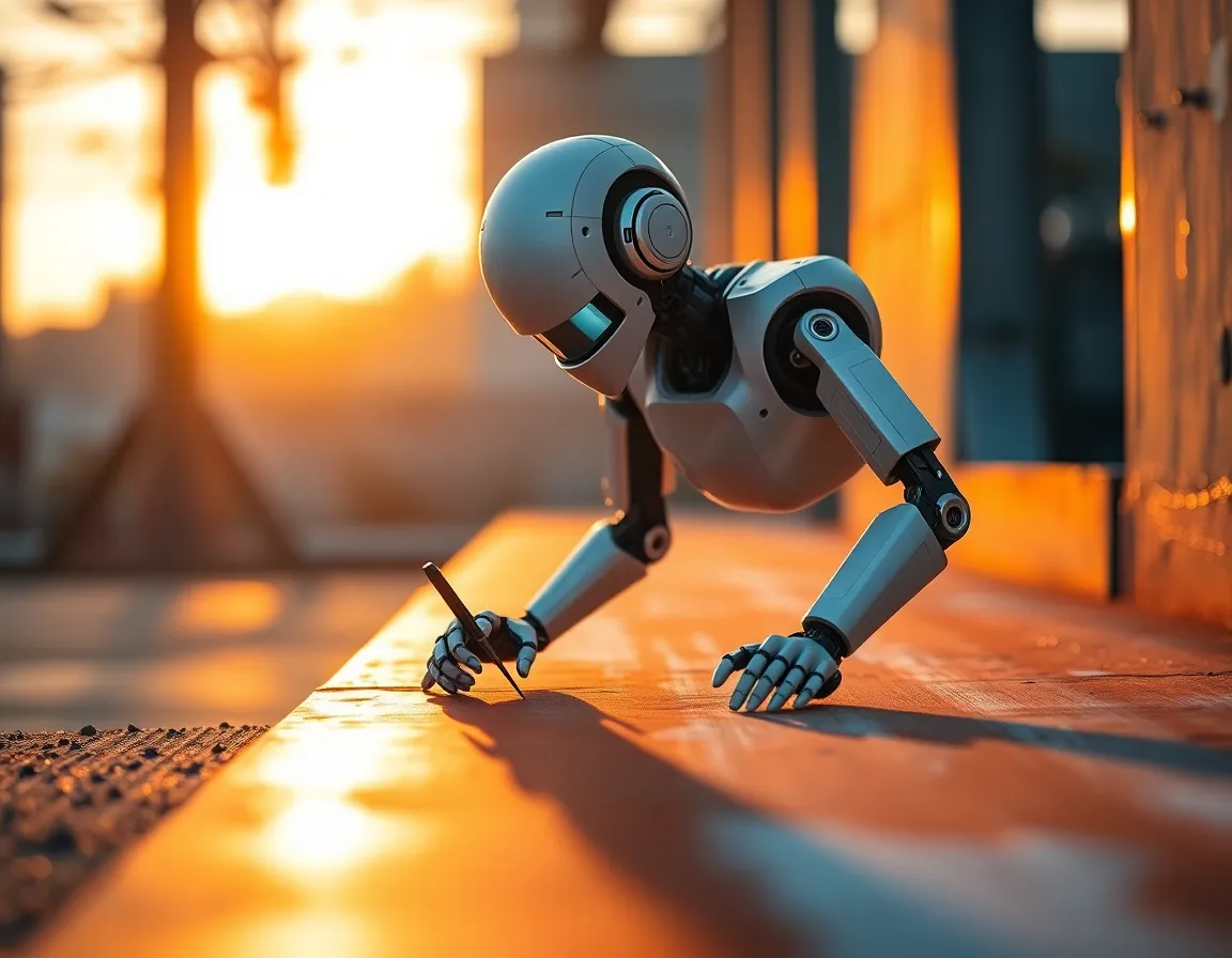A serene moment unfolds as a robot applies paint during the golden hour, bathed in warm light. The robot's details shine against the soft background, creating an inviting ambiance. The golden hues enhance the scene, infusing warmth and creativity into a high-tech setting. The smooth textures of the robot contrast beautifully with the rugged surfaces it works on.