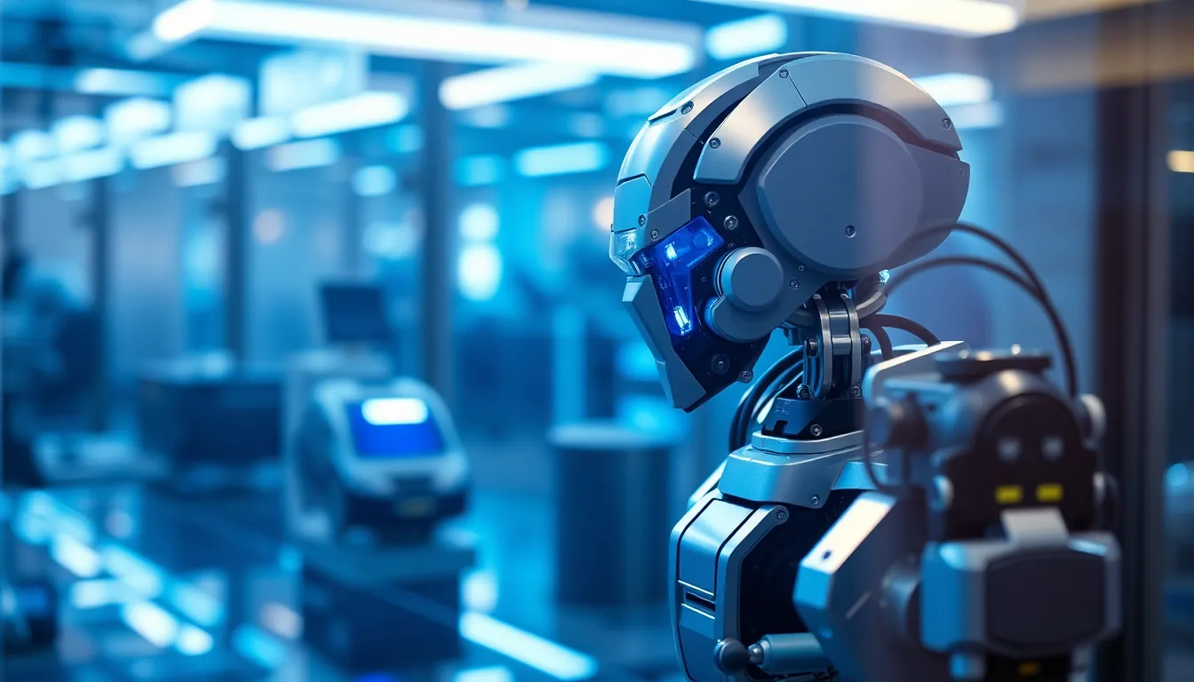 Engineer Interacting with Robotic System in Factory In this engaging image, an engineer confidently interacts with a robotic system, highlighting the collaboration between human and machine. The warm tungsten lighting creates a cozy atmosphere, contrasting with the industrial backdrop. The shallow depth of field draws attention to the engineer’s focused expression, immersing viewers in the moment. The composition effectively uses leading lines to guide the eye, showcasing the harmony of technology and human intelligence in a factory setting.