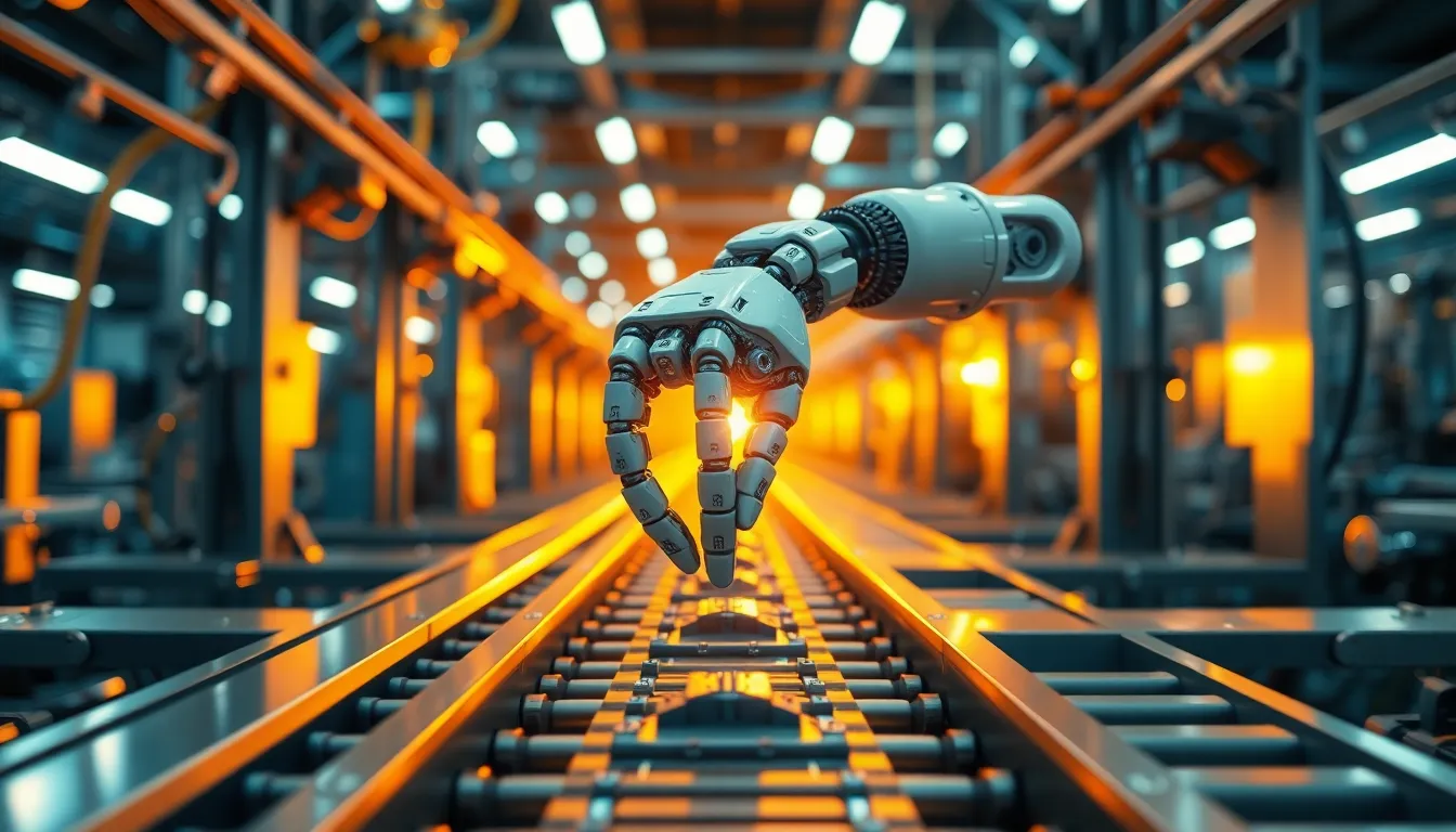 Robotic Conveyor Systems at Sunset This striking image captures robotic conveyor systems during the golden hour, with backlighting accentuating the smooth curves and intricate details of the technology. The focused perspective emphasizes a robotic hand seamlessly assembling components, set against a backdrop of warm, glowing light. The brushed stainless steel surfaces add a touch of elegance, creating a visually appealing contrast with the soft backlight.