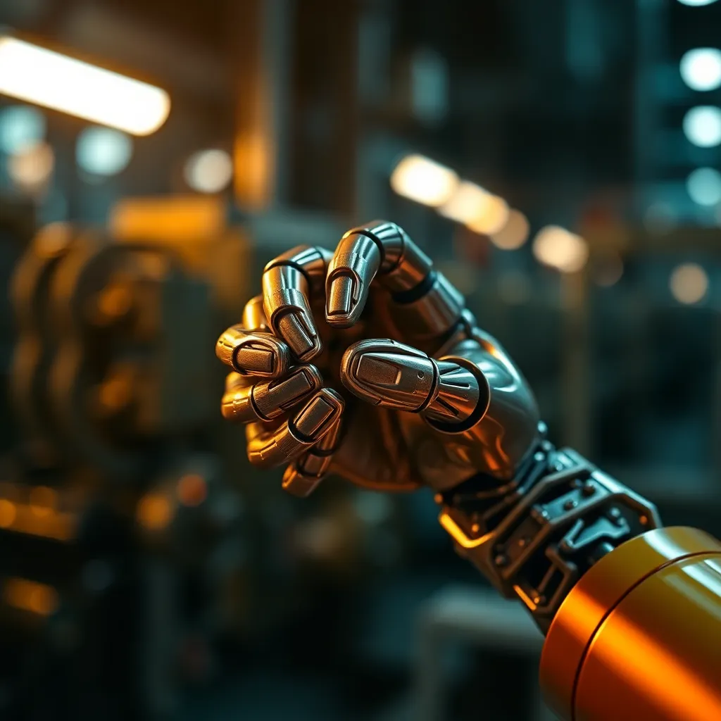 This detailed close-up photograph presents a robotic hand skillfully gripping a delicate component within a factory. Warm tungsten lighting enhances the metallic hues, revealing intricate details of the robotic fingers. With a shallow depth of field, the image isolates the hand, emphasizing its precision against a softly blurred backdrop of machinery. The composition is centered to highlight the technology's capabilities in this industrial environment.
