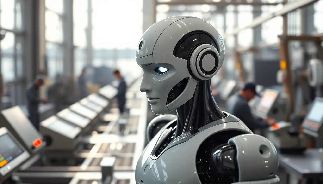 This visually striking image captures a state-of-the-art humanoid robot operating on an assembly line, bathed in soft natural light. The warm tones create a welcoming atmosphere, highlighting the intricate details of the robot's design. In the blurred background, technicians can be seen actively engaged, adding context to the high-tech environment. The shallow focus draws attention to the robotic figure, showcasing its realism and sophistication.