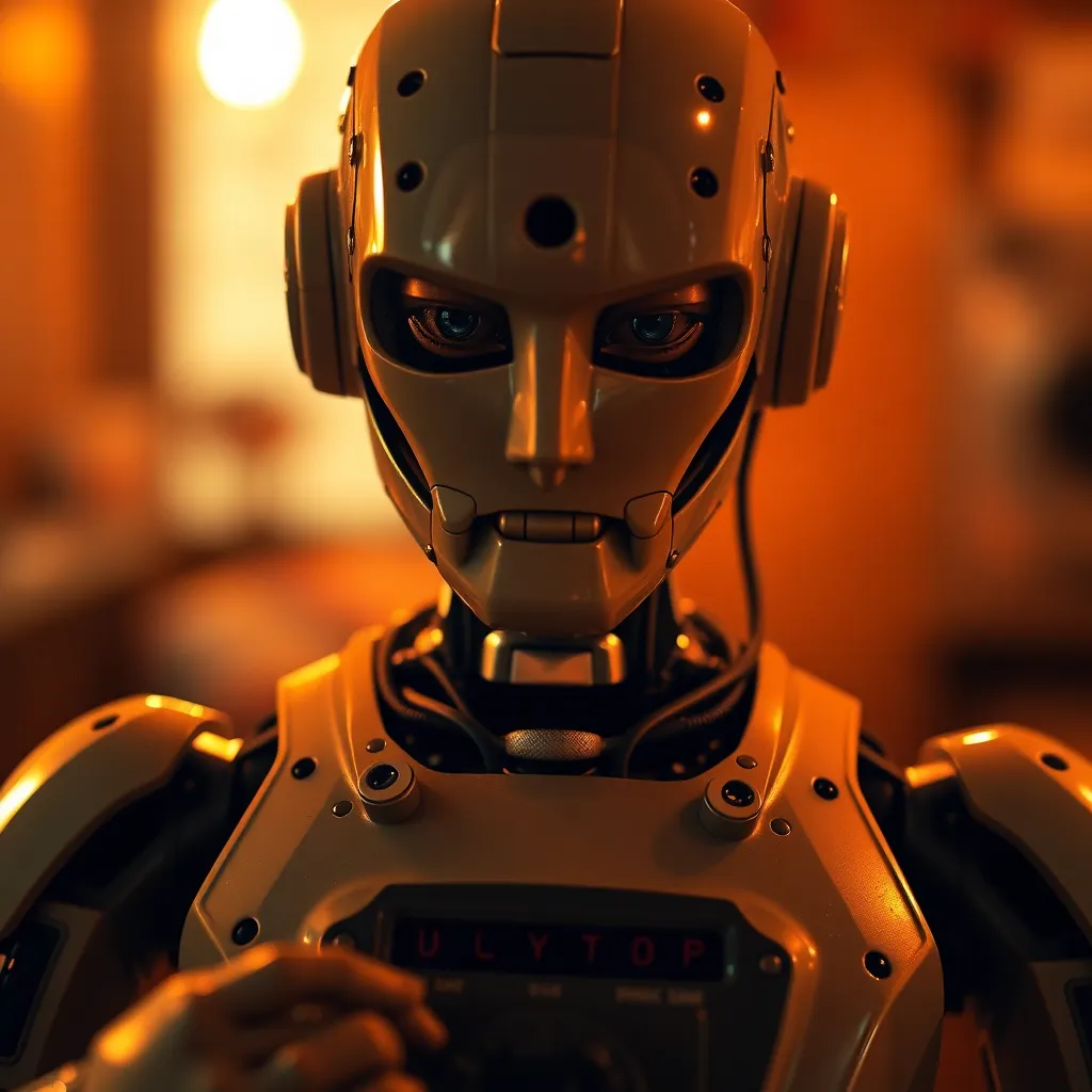 A close-up view of a robot's control panel, bathed in warm tungsten light that creates an inviting atmosphere. The selective focus draws attention to the intricate details of the buttons and controls, which exhibit wear from use. The soft bokeh in the background enhances the primary subject, creating a sense of intimacy. The warm color palette adds depth and character.