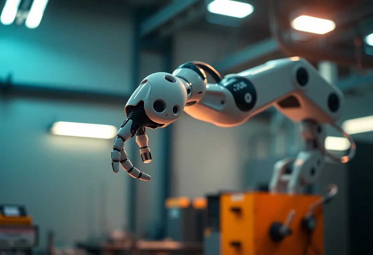 This striking image captures a futuristic robotic arm performing a delicate assembly task in a high-tech environment. Dramatic studio lighting enhances its contours, creating captivating shadows that emphasize the arm's design. The cinematic teal and orange color grading provides a modern, filmic quality, while a shallow depth of field keeps the arm in sharp focus. The composition is designed to convey motion and precision, with the arm positioned dynamically off-center to engage the viewer's eye.