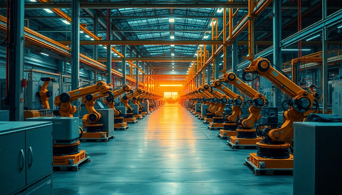 This wide-angle image showcases a bustling robotic factory floor during peak production hours. Bright artificial lights illuminate the scene, casting dynamic shadows and enhancing the environment's intensity. The sharp focus across the image captures the assembly robots as they efficiently work together. With cinematic teal and orange hues, the colors create a visually striking contrast, while textured surfaces of concrete and steel evoke a sense of authenticity and engagement with advanced manufacturing.