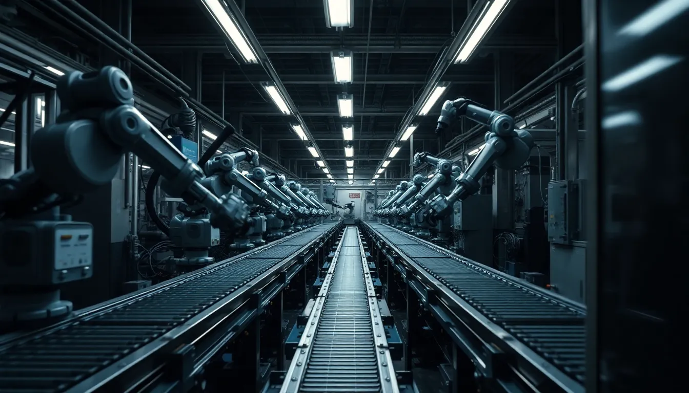 This image showcases a bustling robotic assembly line inside an industrial factory. The composition highlights the intricate details of robotic arms working in harmony, illuminated by dramatic overhead lighting. The cool blue and gray hues enhance the technological atmosphere, while reflections on the polished floor add depth. This vivid depiction represents the cutting-edge automation processes transforming modern manufacturing.