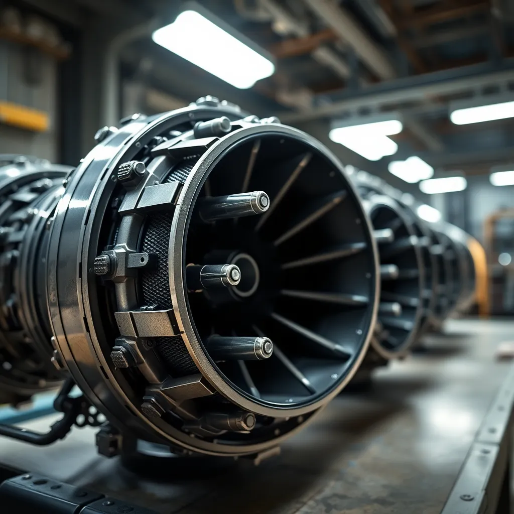 This ultra-detailed close-up shot captures the intricate components of a rocket engine in the process of assembly. Softly lit by overhead LEDs, the metallic grays and silvers come to life, showcasing the meticulous craftsmanship involved in rocket technology. The selective focus invites the viewer to appreciate the complexity of each element, from tightly-fitted bolts to smooth curves of the engine. This image not only highlights the engineering marvel but also evokes a sense of pride in modern space exploration.