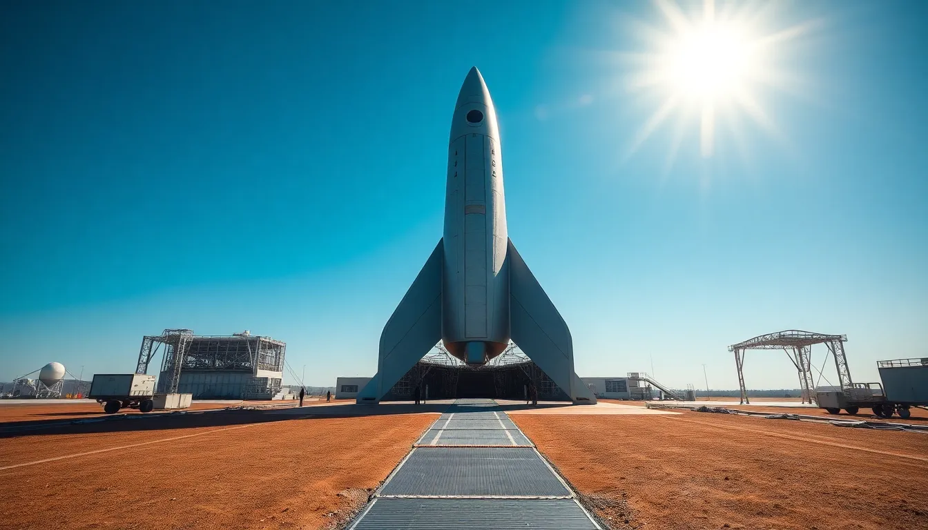 Futuristic Rocket Design on Launch Pad This striking image showcases a futuristic rocket poised on the launch pad under a bright midday sun. The sharp contrasts created by the direct sunlight highlight the sleek metallic surfaces and clean lines of the design. The hyperfocal sharpness captures every detail from the foreground to the rocket, lending a sense of clarity and precision. With its crisp color palette of whites and blues, the image conveys a modern and innovative vision for space travel.