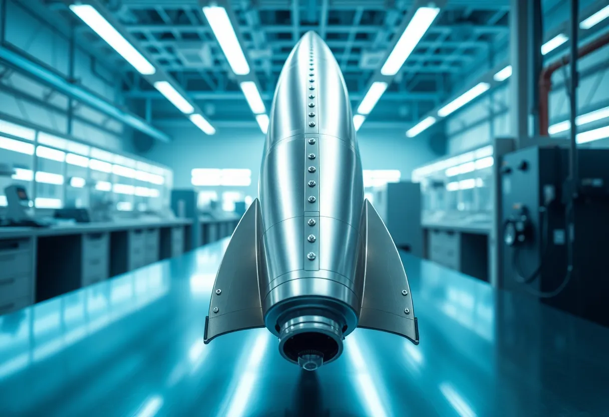 Explore the sleek design of a concept rocket situated in a cutting-edge laboratory. This close-up image showcases the rocket’s detailed construction, highlighting panel lines and rivets, under bright LED lighting. The cool blue and silver tones create a futuristic atmosphere, while the blurred background enhances the focus on the rocket. This composition draws you in, celebrating the intersection of technology and aerospace innovation.