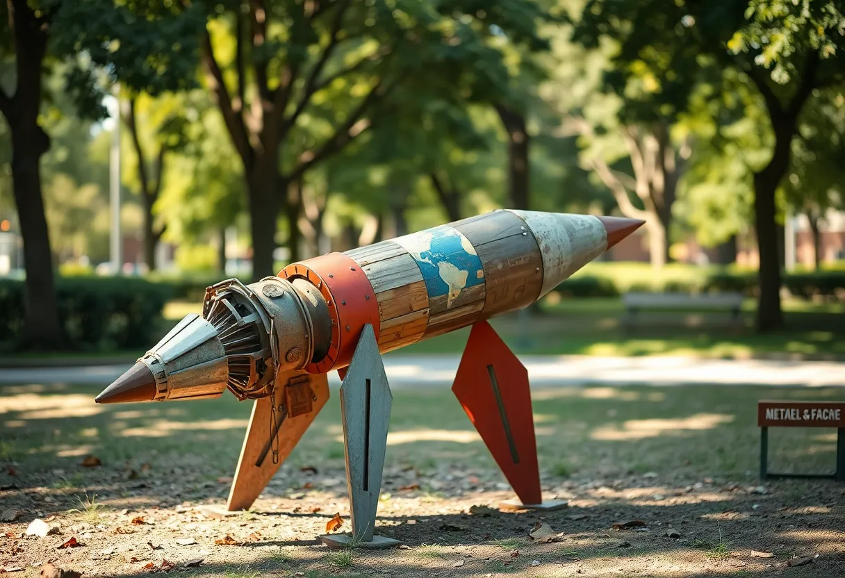 Recycled Rocket Installation in Park This unique image features a conceptual rocket installation crafted from recycled materials in an urban park setting. The soft daylight enhances the textures of the metal and wood, making the artwork visually compelling. The pops of color from painted sections add vibrancy to the earthy surroundings. The off-center composition draws viewers in, encouraging contemplation on sustainability and innovation in the context of space exploration. This thought-provoking piece beautifully merges art with environmental consciousness.