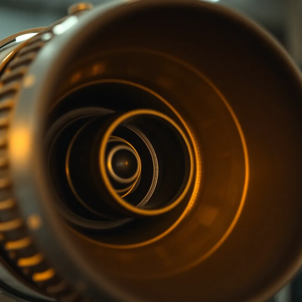 Delve into the intricate details of a rocket's engines with this stunning close-up image. The warm tungsten lighting reveals complex textures and shapes in the metallic surfaces, conveying the power and engineering expertise behind space travel. A shallow depth of field gently blurs the background, allowing the viewer to focus on the rich details of each component. This image captures the essence of human ingenuity in rocket design.
